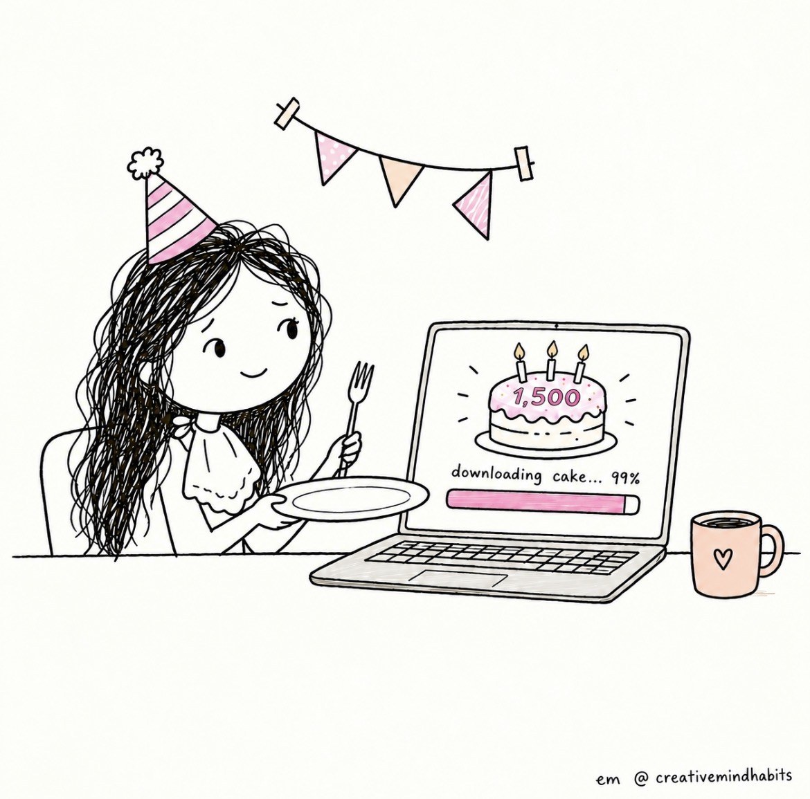 Em in a party hat, holding an empty plate and a fork, watching a laptop with a 1,500 strawberry cake that says downloading cake... 99%.