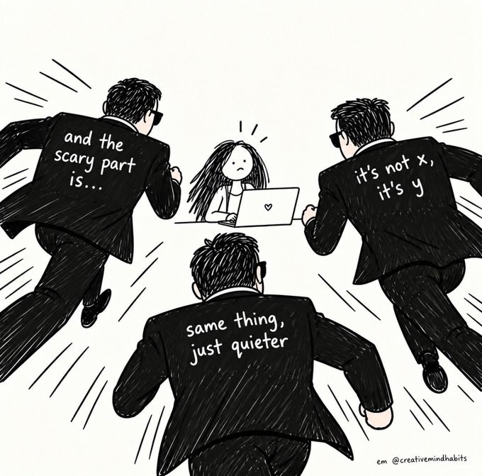 Em at her laptop, surrounded by agents in black suits labelled ‘and the scary part is…’, ‘it’s not x, it’s y’ and ‘same thing, just quieter’