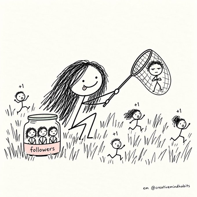 Em chasing people across a field with a butterfly net, catching them one at a time into a jar labelled ‘followers’