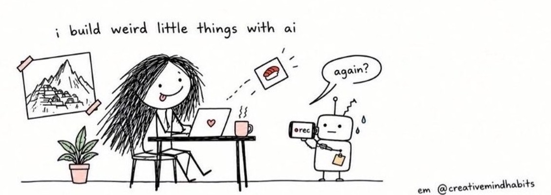 A doodle of Em at her laptop with a coffee, under the words ‘i build weird little things with ai’, while a little robot films her and asks ‘again?’
