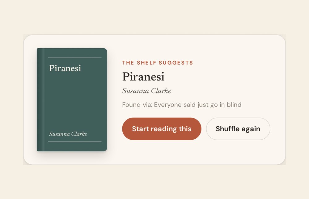 ReadNext suggesting Piranesi by Susanna Clarke, with Start reading this and Shuffle again buttons