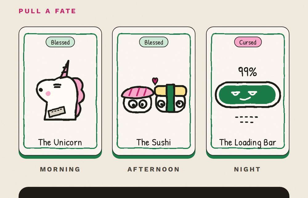 Tarot for Builders: three pulled cards, The Unicorn, The Sushi and The Loading Bar