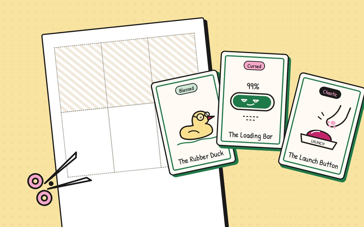 Three cut-out Tarot for Builders cards, The Rubber Duck, The Loading Bar and The Launch Button, next to a printed sheet and a pair of scissors