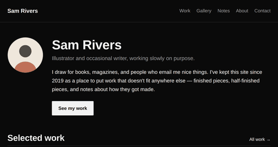 The ink theme in dark mode: black background, white button, bold sans-serif headings