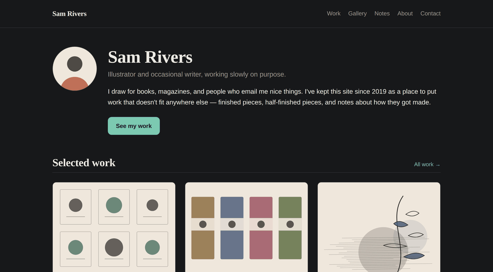 The template's homepage: a name and photo at the top, a short introduction, a See my work button, and a row of three project cards below