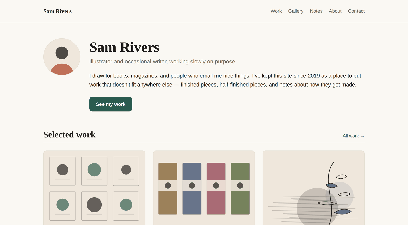 The template's homepage: a name and photo at the top, a short introduction, a See my work button, and a row of three project cards below